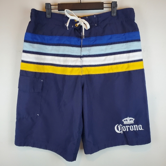 Corona Extra Beer Striped Blue Swim Shorts Size XL Mens Swimwear Beach - Picture 1 of 7